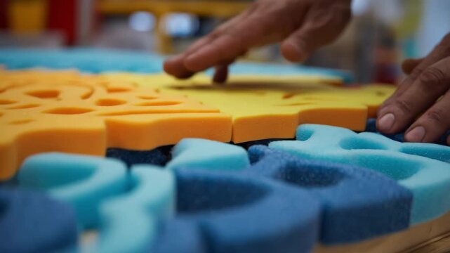 Medium shot focusing on assembling diverse materials including memory foam and breathable covers to create cushioned therapy mats with custom color options.