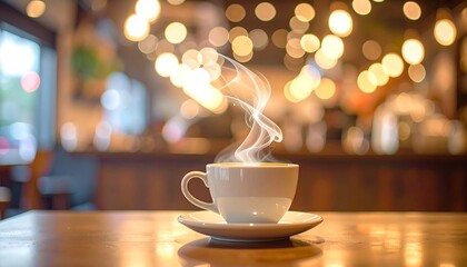 Aromatic Coffee Cup on Wooden Table in Cozy Cafe Setting.