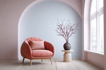 Elegant room features a coral armchair and branch decoration.