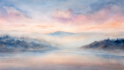 Misty River Landscape at Sunrise with Soft Pastel Hues and Gentle Reflections