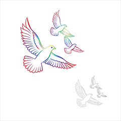 Flock of rainbow gradient and black and white outline doves flying on white background
