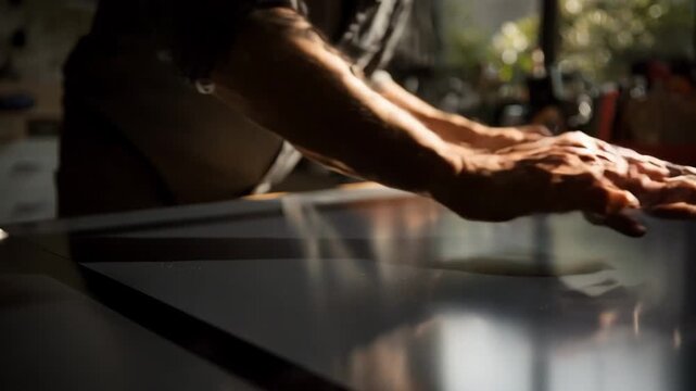 Closeup medium shot of a person smoothing a laminate sheet onto a photograph surface shielding it from UV rays and preserving image vibrancy.
