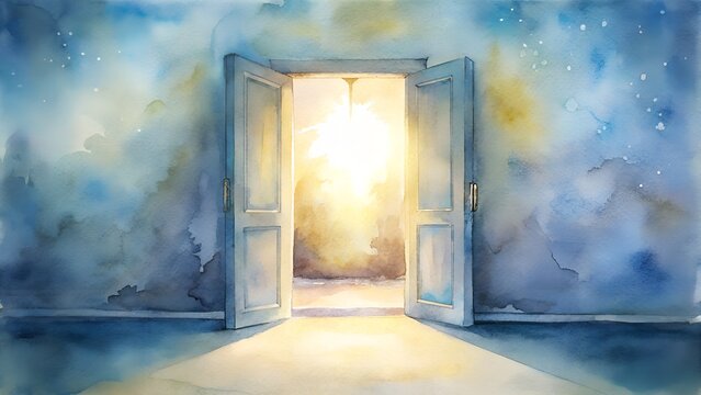 Open Doorway Revealing Bright Light and Distant Landscape Watercolor Painting
