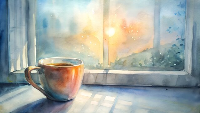 Warm Morning Sunrise Through Window Illuminates Cup Of Tea On Sill
