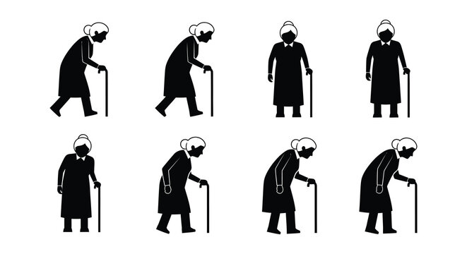 Illustrations depicting the stages of aging in elderly women with walking sticks