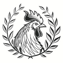 Obraz premium Detailed hand drawn rooster crest logo with laurel wreath elements