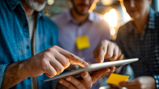 Team discussing strategy on a tablet, brainstorms ideas together and reviewing a project plan for collaboration and productivity. - Powered by Adobe