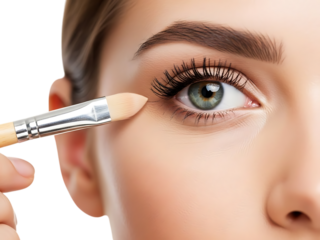 A close-up of a woman's eye getting professional makeup applied with a brush