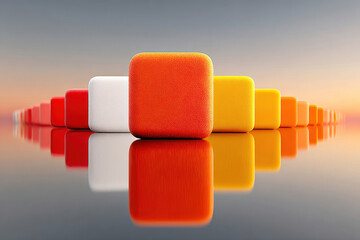 An abstract, minimalist composition featuring a series of colorful square shapes arranged in perspective on a reflective surface. 