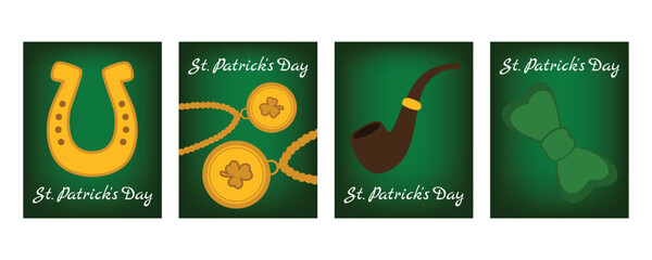 Set of vertical St. Patrick’s Day banners and greeting cards with shamrocks, horseshoes, beads, bow, decorations and smoking pipe, Irish holiday celebration