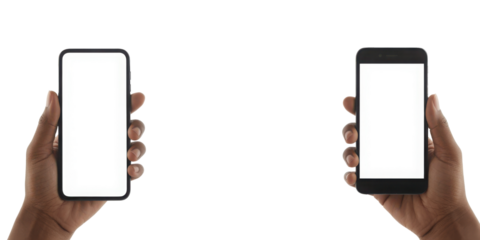 Two hands holding smartphones isolated on transparent background