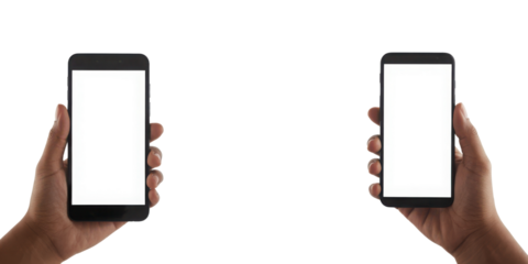 Two hands holding smartphones isolated on transparent background