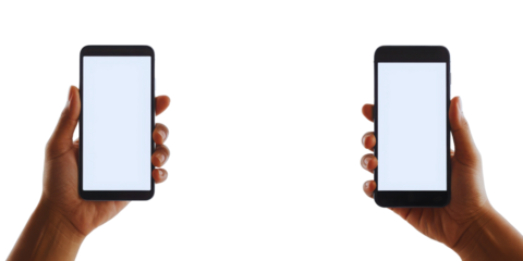 Two hands holding smartphones isolated on transparent background