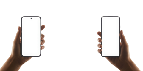 Two hands holding smartphones isolated on transparent background