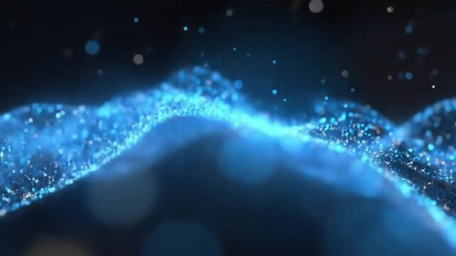 This mesmerizing abstract background features a dynamic wave of glowing blue particles flowing gracefully across a dark, ethereal space. Shimmering specs of light, ranging from bright blue to subtle g