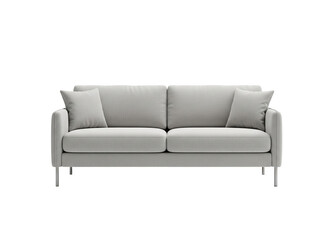 Modern light gray fabric sofa with two cushions and thin metal legs isolated on transparent background