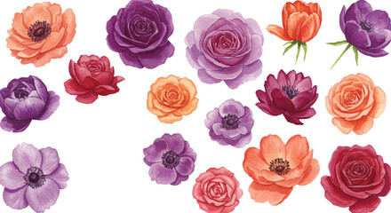 Fototapeta premium Vibrant floral arrangement featuring roses and ranunculus in various shades of purple and orange