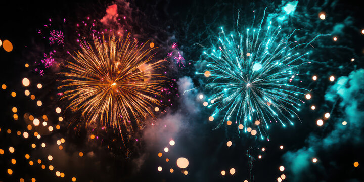 Vibrant fireworks display in night sky - Powered by Adobe