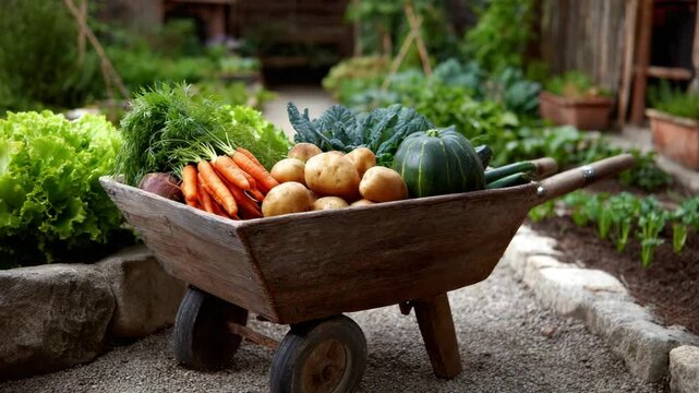 Fresh vegetables in a rustic garden wheelbarrow outdoors