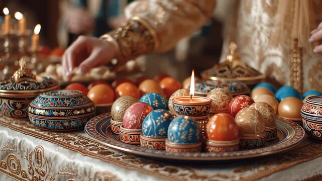Orthodox Easter Table with Painted Eggs and Traditional Cakes in Church