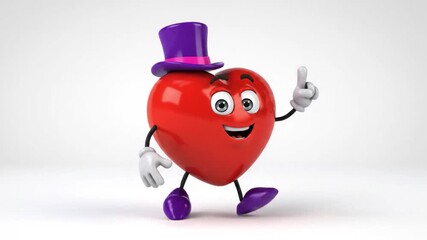 A cheerful cartoon heart character wearing a purple top hat and giving a thumbs up in a video Surreal Silliness concept Footage