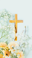 Wooden Christian Cross With Soft Spring Flowers On Light Background. Concept Of Easter Celebrations, Christian Faith Visuals, Religious Greeting Cards, Church Event Design, And Spiritual Hope Themes