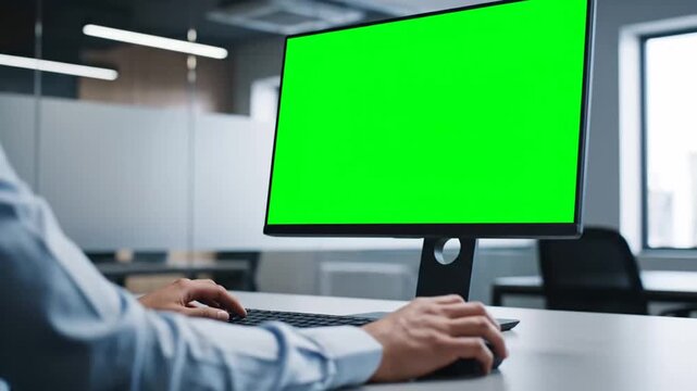 Person typing on a computer with a green screen in a modern office