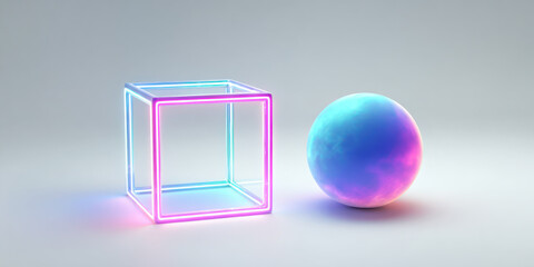 Abstract neon cube and sphere on gradient background