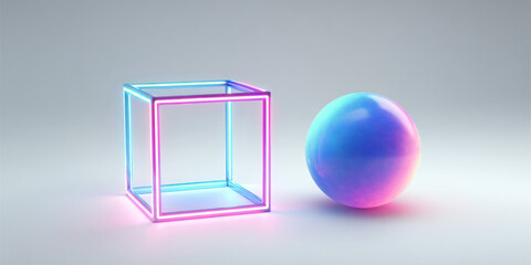 Abstract neon cube and sphere on gradient background