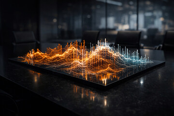 3d data visualization showing digital graph analytics chart with bright orange and blue lights on dark conference table in modern office