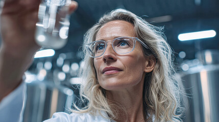 A focused woman in a lab coat examines a clear liquid in a vial, showcasing her analytical approach in a modern laboratory setting.