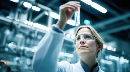 A scientist in a lab coat examines a test tube, showcasing a focus on research and innovation within a modern laboratory environment.