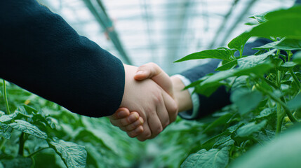 Two hands shake in a greenhouse surrounded by lush green plants, symbolizing partnership and growth in agriculture.