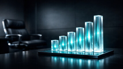 Business success and growth chart made crystal glass showing rising statistics luxurious executive office dark background professional finance