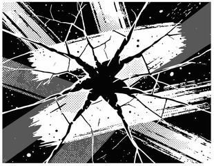  Black and white illustration of a radial explosion with glass-like shards bursting from a central point. Bold, graphic, and high-contrast, ideal for dramatic headlines and concept art