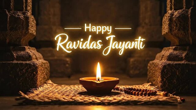 Guru ravidas jayanti celebration wishes indian festival temple setting diya lighting glowing spiritual typography graphic background