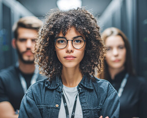 A confident group of three tech professionals stands in a server room, showcasing teamwork and expertise in a modern digital environment.