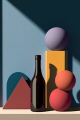 Geometric shapes & bottle composition in vibrant colors with light & shadow play