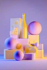 Abstract still life champagne bottle amid cubes, spheres, and cheese, lit with vibrant hues