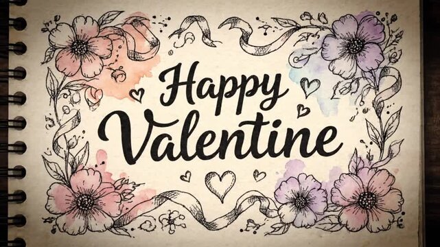 A handmade Valentine's Day card with floral designs and hearts on a sketchbook page
