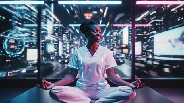 Woman Meditating in Futuristic Cityscape Serenity in a High-Tech World