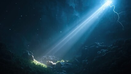 A breathtaking view of a cave illuminated by a beam of light from above