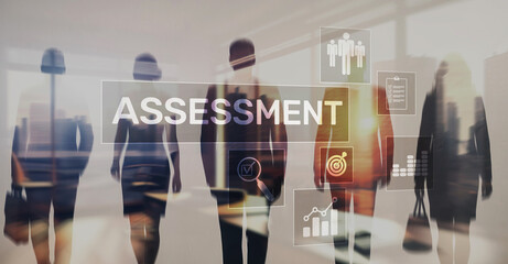 Businesspeople silhouettes with assessment icons and text overlay for evaluation and analysis concepts