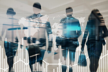 Global business growth chart on virtual screen with world map and people silhouettes background