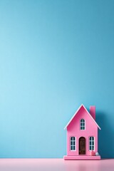 A miniature pink house with a brown door sits on a pink surface against a blue backdrop