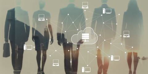Cloud data storage network with glowing nodes and futuristic digital connections
