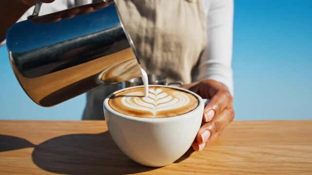 Barista Pouring Latte Art in Coffee Cup Outdoors, Morning Sunlight