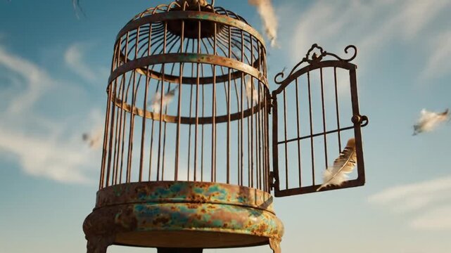 A bird flies out of an old, rusty birdcage in a serene outdoor setting in a video. Surreal Silliness concept Footage