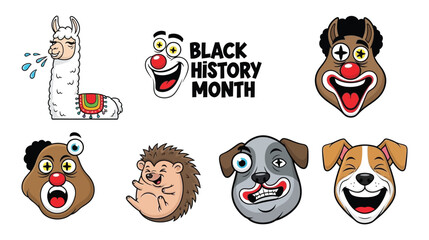 Collection of cartoon animals and clown faces celebrating black history month