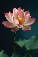 A close-up of a blooming lotus flower with pink petals and a yellow center, against a dark background